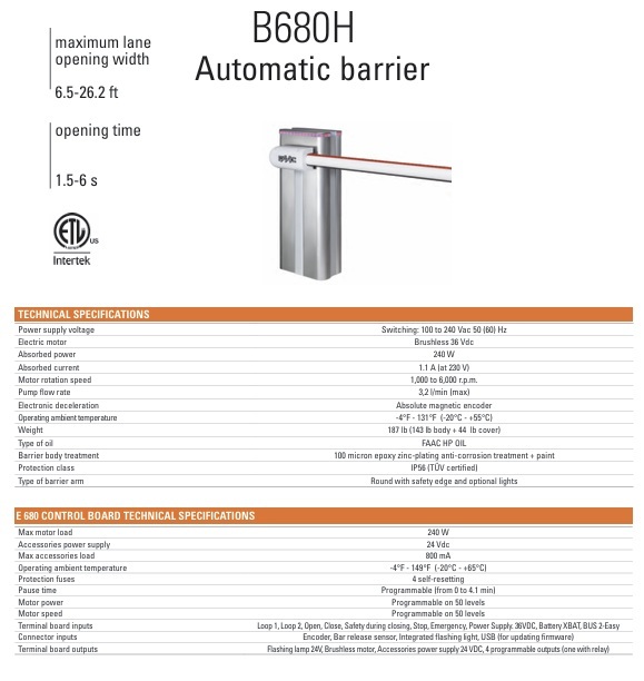 FAAC B680H Barrier Gate Specifications Thumbnail