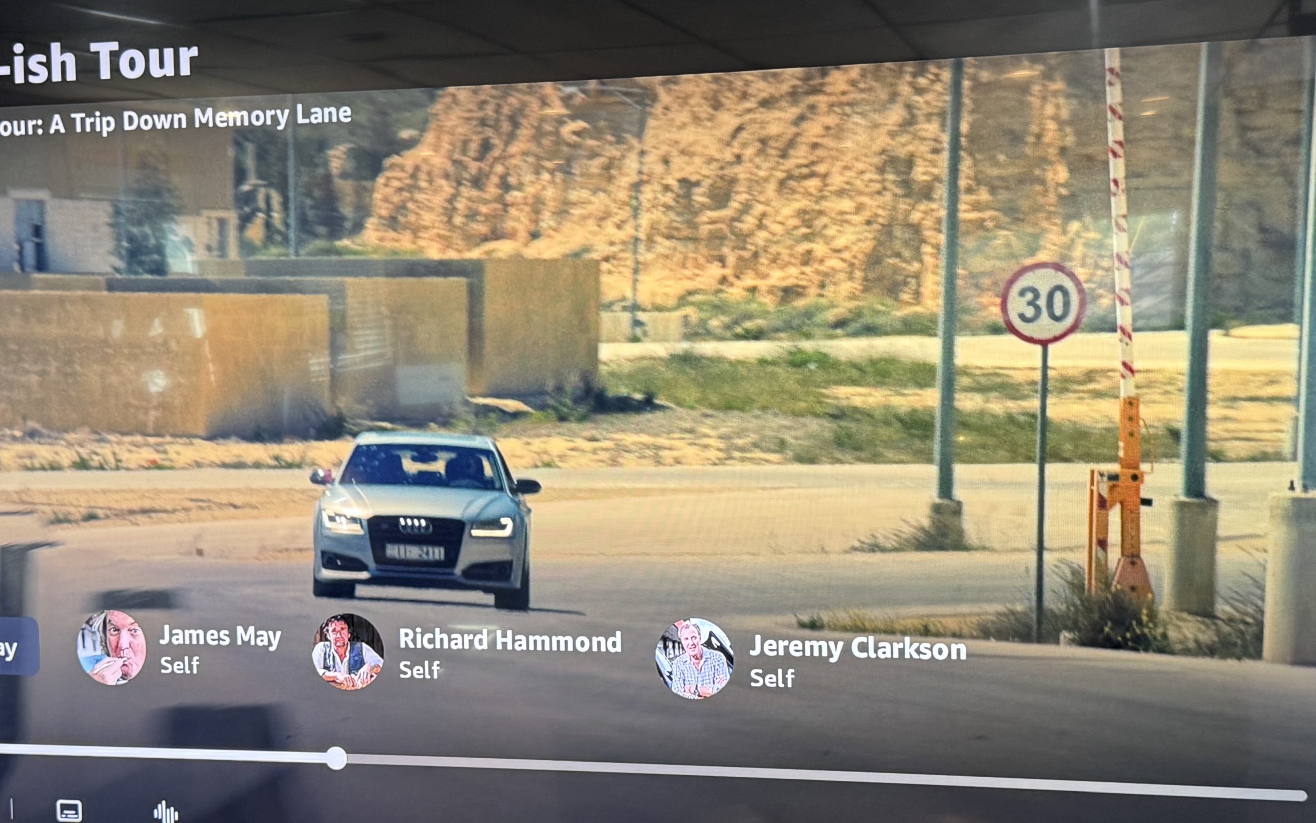 MB832 manual barrier gate upright as The Grand Tour film crew drives past at King Abdullah II Special Operations Training Center in Jordan