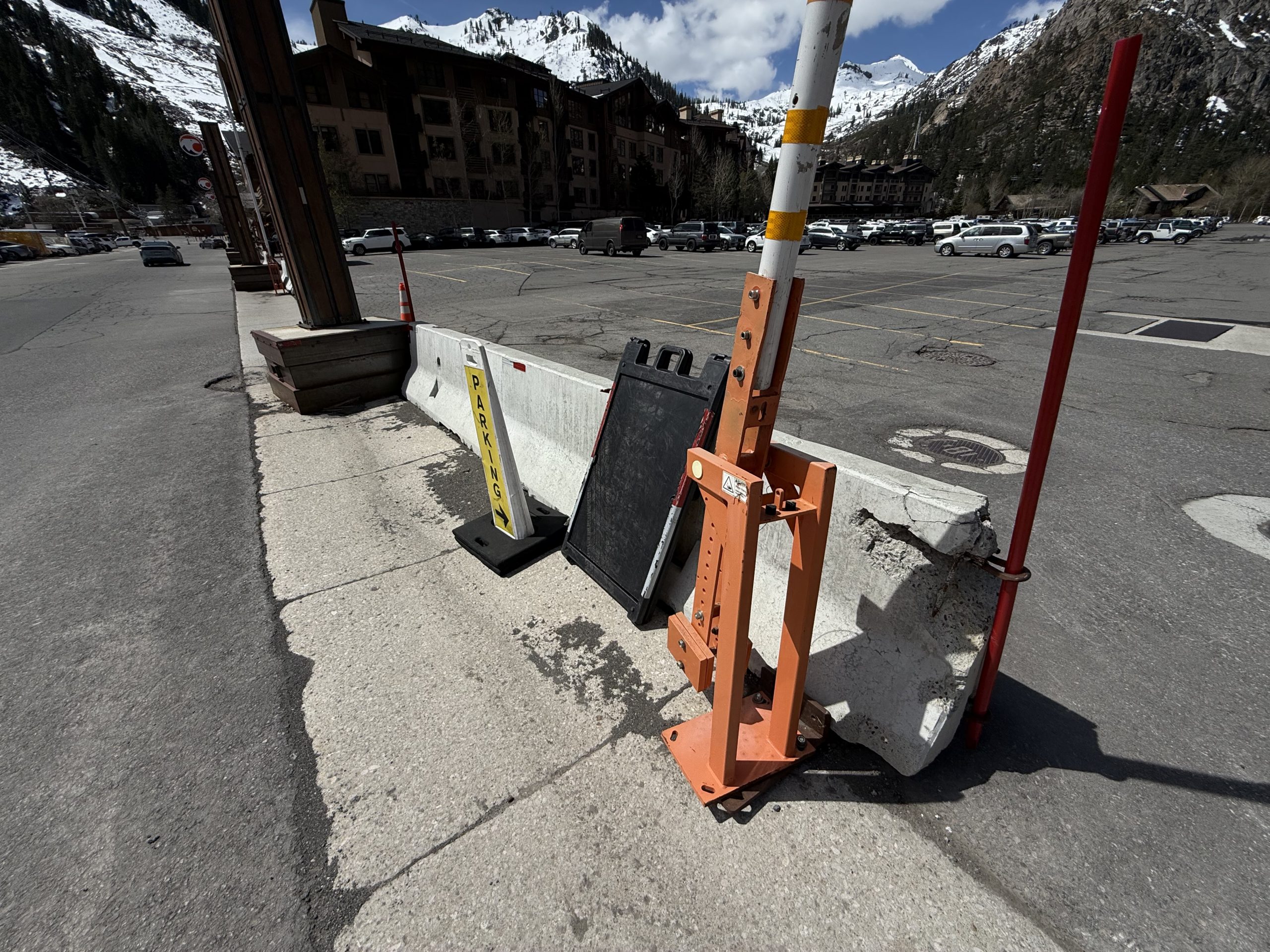 MB832 manual barrier gate still operating after over a decade in harsh snow ice salt and plow conditions at Squaw Valley